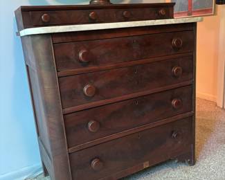 Antique Empire Chest with Marble Top and Incredible Mirror | *AVAILABLE FOR PRESALE* | $250 | Chest Dimensions: 37"wide 19.5"deep 39.5"tall | Mirror Dimensions: 45"tall 28"wide