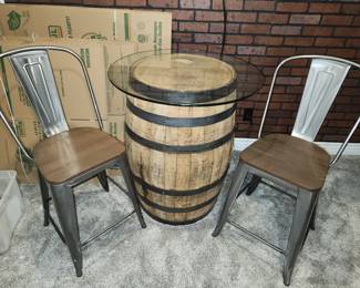 Barrel table and stools