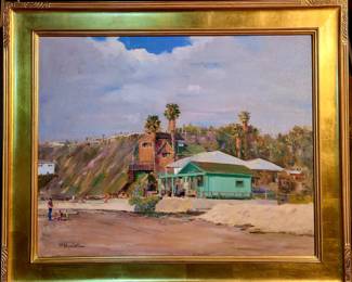 Large original oil painting "The Green Shack, Crystal Cove" by listed California artist Felice Hrovat