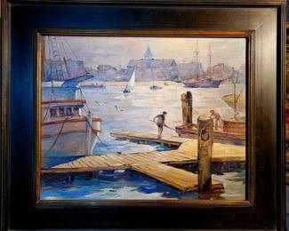Original oil by Redmond Stephens Wright. "Late afternoon at the Docks"