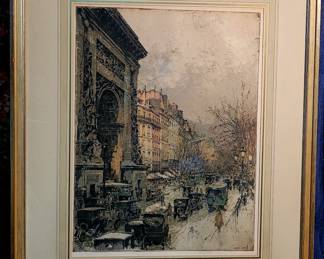 Original lithograph by noted lithographer Luigi Kasimir. "Paris Street Scene"