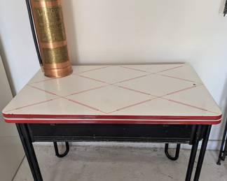 Vintage MCM porcelain draw-leaf table, fire extinguisher brass