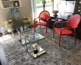 Pair of Crate & Barrel Patio Chairs w/ 2 Chrome / Glass Side Tables
