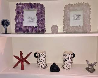 Two Quartz Picture Frames; Black Glass Buddha; Pewter Globe Stand, etc.