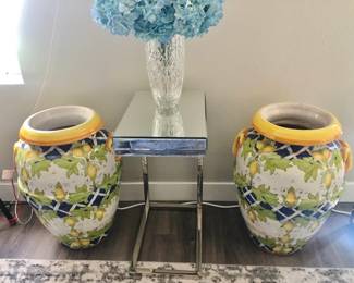 Large Pair of Gorgeous Italian Urns w/ a Mirrored Chrome Side Table