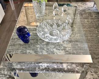 Chrome & Glass Coffee Table w/ large Crystal Bowl & Vase