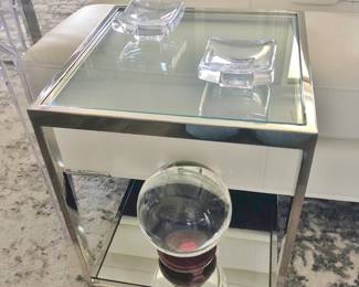 Chrome / Glass / Mirror Side Table w/ a Large Crystal Ball