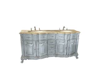 10. French Country Double Sink With Tessellated Travertine Top, Refinished With Paint W 72" D 22" H 36"