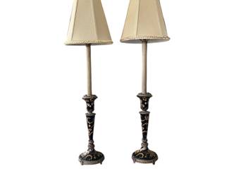 26. Pair Of Oriental Essence Candlestick Lamps Rich Brown and Gold H 34"