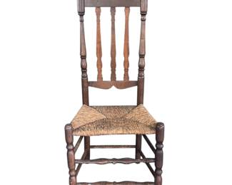 7. 18th Century Bannister Back Side Chair With Feet Ended Out / Rush Seat Original Paint Removed W 20" D 14" H 47"