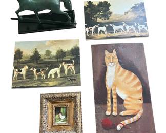 30. Lot of Animal Decor- 5 Pieces Cat W 13" H 22" Hunting Dogs (2) W 16" H 22" Le Cock W 9" H 10" Horse W 15" H 13"
