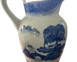 24. Porcelain Pitcher Blue Willow Design Reproduction 9"