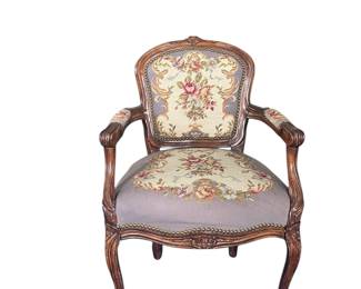 6. Vintage French Louis XV Style Needlepoint Upholstery Accent/Side Armchair Good Condition