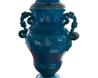 23. Earthenware Glazed Urn Distressed/Turquoise Crackle Finish 21"