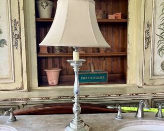 33. Silver Tone Candlestick Lamp With Silk Shade                   H 29"