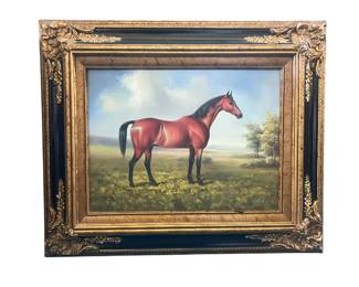 39. Framed Oil Painting Of A Chestnut Horse Standing In A Field Frame -Gold Tone W 24" H 10" With Frame