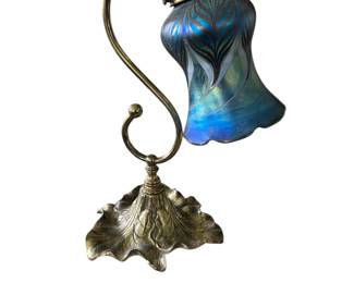 27. Brass Table Lamp With Iridescent Art Glass Shade W 8" H 15"