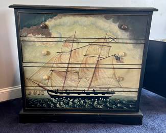 37. Schooner Scene Hand Painted 4 Drawer Chest W 36" D 18" H 36" MDF