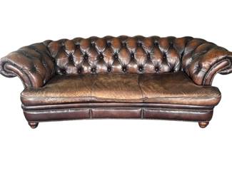 8. Randall Allan Leather Couch- Chesterfield Bun Feet, Nail Finished Back With Bead Trim W" 91" D 40" H 29"