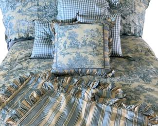 56. Legacy Home Lutece Collection Blue And Yellow Toile King Duvet Cover/2 Euro Shams/2 King Shams/2 Gingham 18" x 18" Pillows/ 1 Euro Sham
