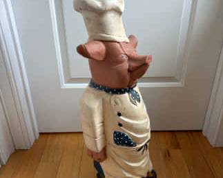 Vintage Wooden Chef Pig Statue