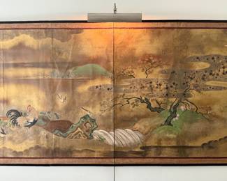 Antique Hand Painted 18th c. Japanese Watercolor, Gilt Paper Screen, Lacquered Panels