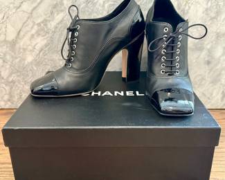 Chanel Black Lambskin Leather Cap Toe Ankle Boots