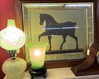 Jadite Table Lamp. Vintage Green Vanity Lamp. Framed "The Weather Vane".