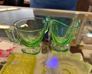 Green Depression glass sugar and creamer set - glows