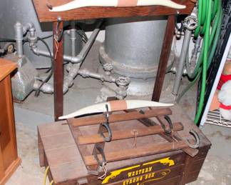 Toy Chest “Western Strong Box” with Attached Rack and Additional Hanging Horn Rack
