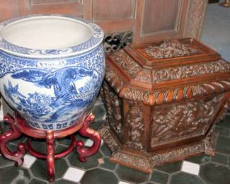 Large Asian planter on Stand, French Carved Wine Cellarette
