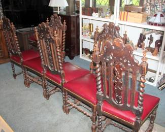 5 Gothic Oak Chairs with Red Leather Seats
