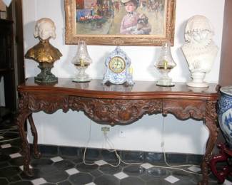 Heavily Carved Oak Octagon Table with 8 Chairs, Marble Busts, Ansonia Royal Bonn Clock