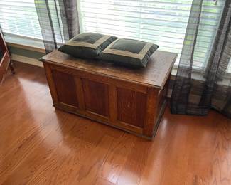 English tiger oak blanket chest, cushions