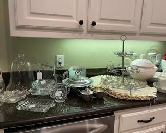 Vintage glass, cup cake holder, linens and ceramics