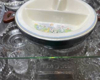 Vintage child's warming dish with bakelite handles, children and animals