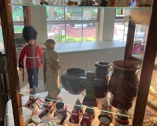 Vintage English Royal Guardsman doll, vintage and handmade pottery, seasonal items, tortoise shell, Chinese cloisonne bowl.