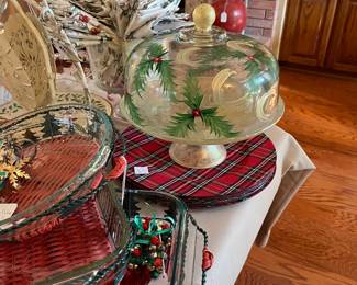 Beautiful hand painted glass cake stand with dome, Pyrex dishes with basket holders