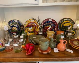 These very colorful dishes were designed by April Cornell, Pottery Barn bowls and plates, Mid-Century Modern glass with colored bases