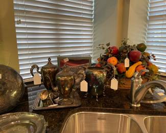 Vintage silver plate, fruit and veg arrangement