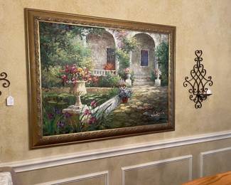 Original oil on canvas signed by the artist, iron candle holders