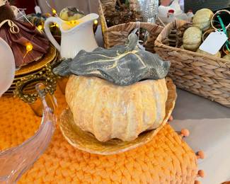 Handmade pumpkin soup serving bowl with lid, platter