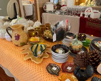 Williams Sonoma bowls and salad plates, glass leaves, large fall serving pieces, Harvest pitcher