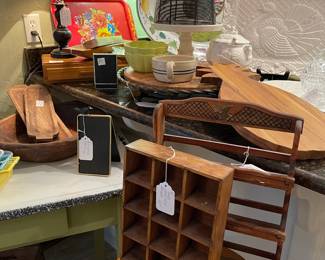 Vintage wood spice racks, toile tray, bowls, lazy susan