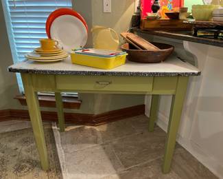 Vintage porcelain top kitchen table with drawer