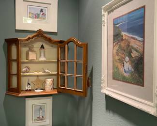 Vintage wall hanging display cupboard, more shells inside and bottles, sea side art
