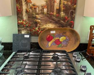 Art, handmade bowl with painted fruits, owl tile