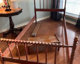 Antique Spool twin bed frame, vintage wood bed tray