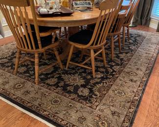 Dining table and a beautiful 8ft 6" x 11ft 9" wool rug, dark green, rust, cream colors with pad
