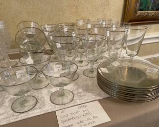 Mid-Century silver rim "Gold Twist" by Glastonburg-Lotus, Wine/Water, Champagne, Ice Tea and plates